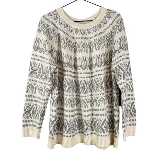 J.Jill Fair Isle Crew Neck Sweater Womens Size XL Barley Ivory Gray Pullover - Picture 2 of 8